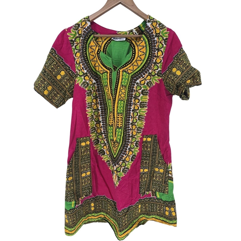 Lapogee Dashiki Tunic Top Womens 1X Pink Green Cotton Tribal Print Short Sleeve